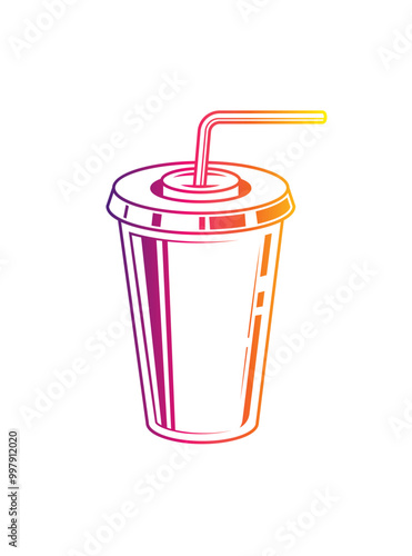 Fast food plastic cup with straw. Hot or cold drink. Original vector illustration in vintage style.