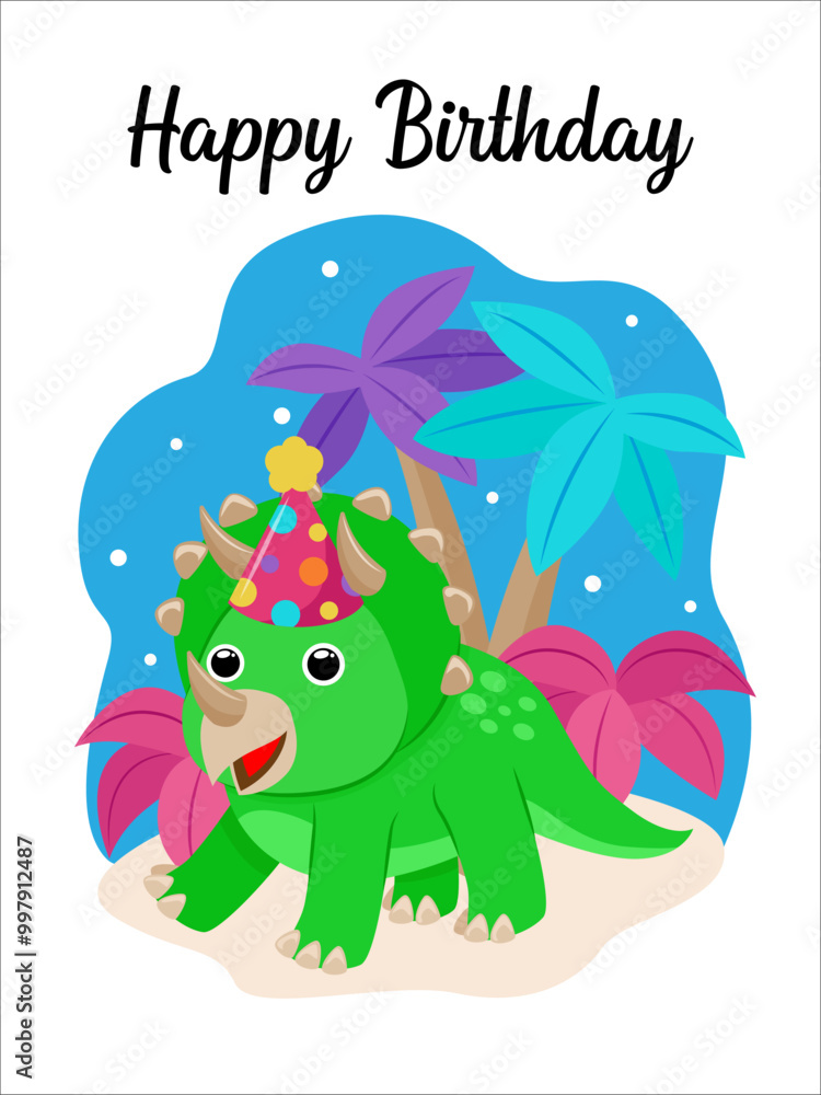 Naklejka premium dinosaur happy birthday card vector, green dinosaur in party hat against palm trees and blue color background, ideal for birthday party invitations or fun event promotions.