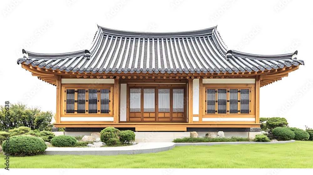 Traditional Korean Hanok House with Curved Roof and Garden Traditional Korean Hanok House with Curved Roof and Garden