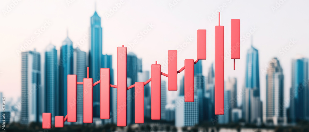 Urban Financial Landscape, a dynamic representation of stock market trends illustrated through graphs and digital indicators set against a city skyline.