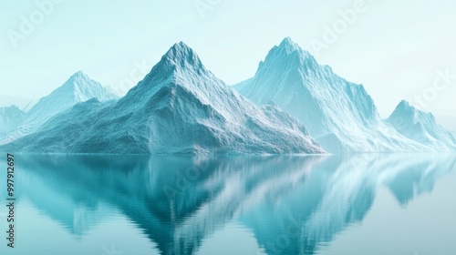 Wallpaper Mural Minimalist Mountain Landscape with Water Reflection - 3D Render in Blue-Turquoise Torontodigital.ca