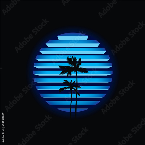 Neon sunset in 80's style. Original vector illustration in retro style. T-shirt design.
