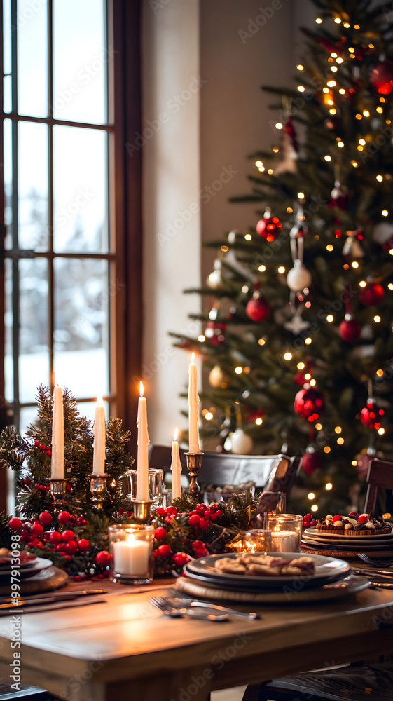 Christmas dinner table with festive decorations, candles and holiday treats, Christmas dinner table with festive decorations, candles and holiday treats,