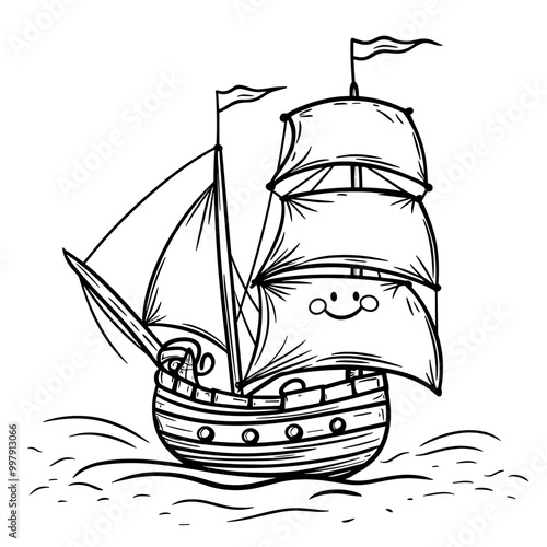 Cute Kawaii Sailboat  Coloring Pages Kids