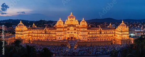 Mysore Palace Illuminated for Dussehra – A grand view of Mysore Palace during the Dussehra festival, illuminated by thousands of glowing lights