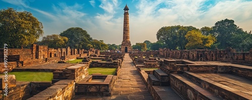 Qutub Minar Towering Over Delhi – A striking view of the ancient Qutub Minar, the tallest brick minaret in the world