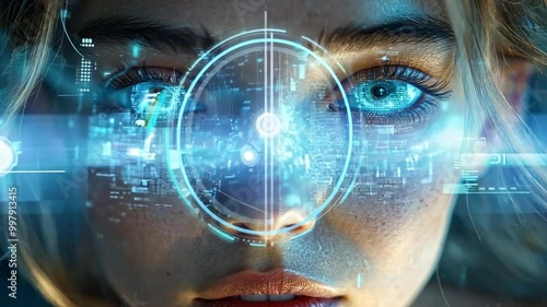 Wallpaper Mural A young woman with captivating blue eyes showcases a high-tech holographic interface that surrounds her face, illuminated in a digital landscape. Torontodigital.ca