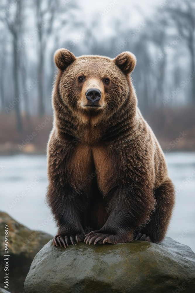 Majestic Brown Bear Sitting on a Rock in Natural Habitat Majestic Brown Bear Sitting on a Rock in Natural Habitat