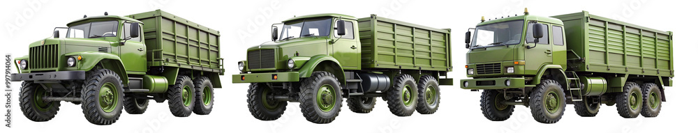Obraz premium Collection of Green Military Trucks on a Transparent PNG Background
