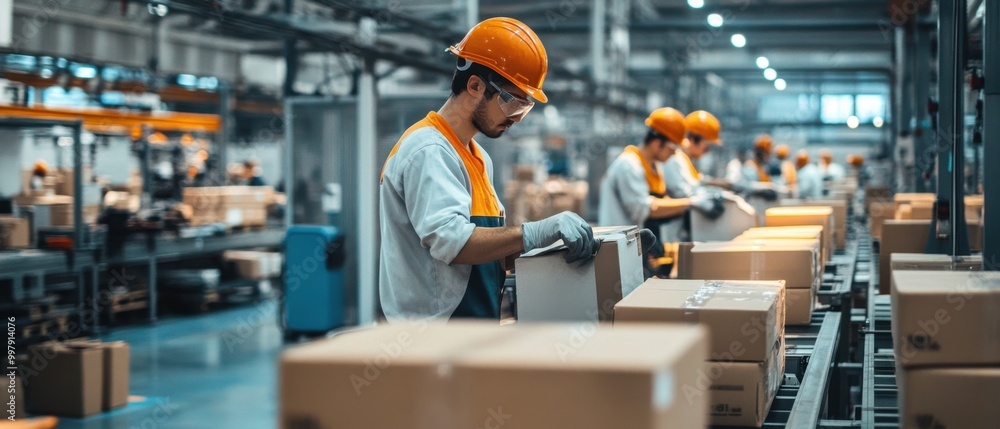 Naklejka premium Employees Work on Factory Floor with Ergonomic Equipment