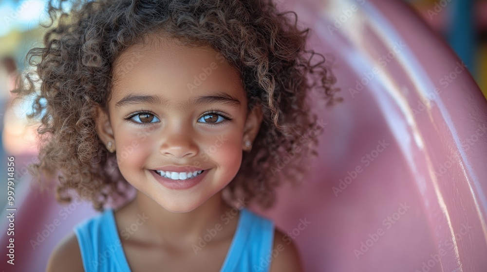 Close-up portrait of cute little girl with curly hair wearing blue on pink playground slide, happy smile, bright colors, natural light, outdoor environment
Close-up portrait of cute little girl with curly hair wearing blue on pink playground slide, happy smile, bright colors, natural light, outdoor environment