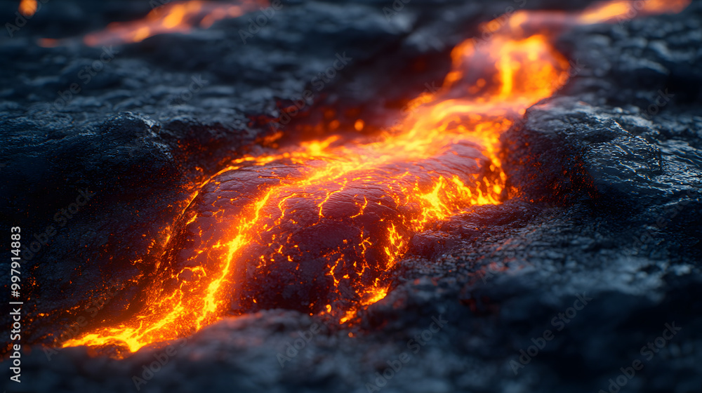 Close-up of Lava Flowing on the Ground with High Detail, Capturing the Intense Heat and Dynamic Motion of Molten Rock, Perfect for Concepts of Natural Forces, Geological Phenomena, and Volcanic Activi Close-up of Lava Flowing on the Ground with High Detail, Capturing the Intense Heat and Dynamic Motion of Molten Rock, Perfect for Concepts of Natural Forces, Geological Phenomena, and Volcanic Activi