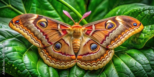 Majestic Giant Silk Moth Resting on Green Leaf in Natural Habitat Showcasing Its Vibrant Colors