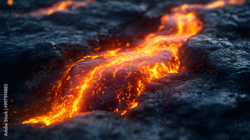 Close-up of Lava Flowing on the Ground with High Detail, Capturing the Intense Heat and Dynamic Motion of Molten Rock, Perfect for Concepts of Natural Forces, Geological Phenomena, and Volcanic Activi