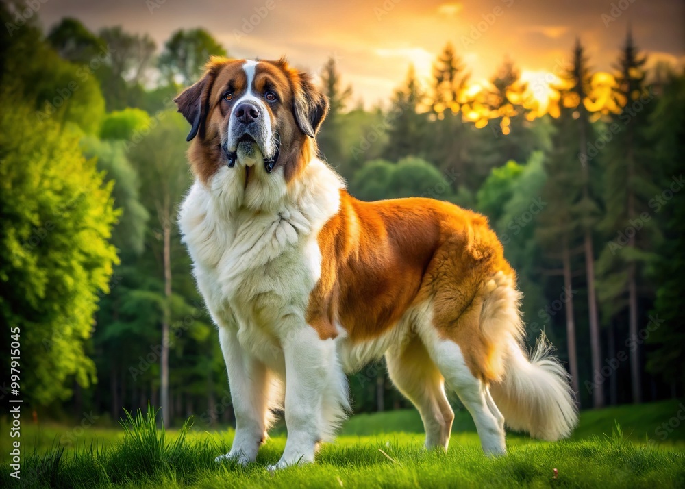 Majestic Moscow Watchdog Breeds Standing Proudly in a Natural Setting with Lush Green Background Majestic Moscow Watchdog Breeds Standing Proudly in a Natural Setting with Lush Green Background