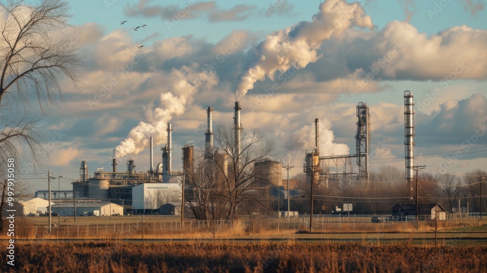 Industrial Landscape with Smokestacks and Pollution at Sunset