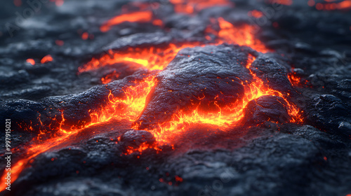 Close-up of Lava Flowing on the Ground with High Detail, Capturing the Intense Heat and Dynamic Motion of Molten Rock, Perfect for Concepts of Natural Forces, Geological Phenomena, and Volcanic Activi