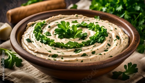 Baba ganoush dip made with grilled aubergine or eggplant, lemon juice, olive oil and tahini. Vegetarian starter food
 photo