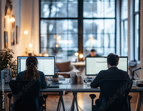 Two people are sitting at their desk with two computer monitors in front of them