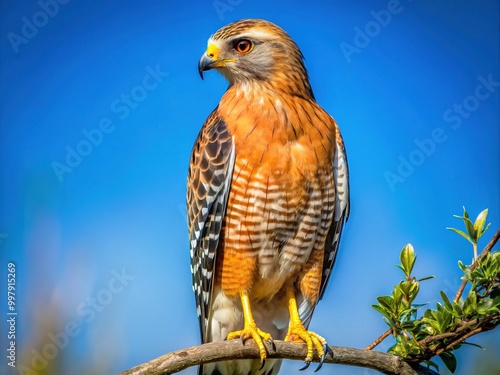 Majestic Red-Shouldered Hawk Perched on a Branch Against a Clear Blue Sky in Natural Habitat