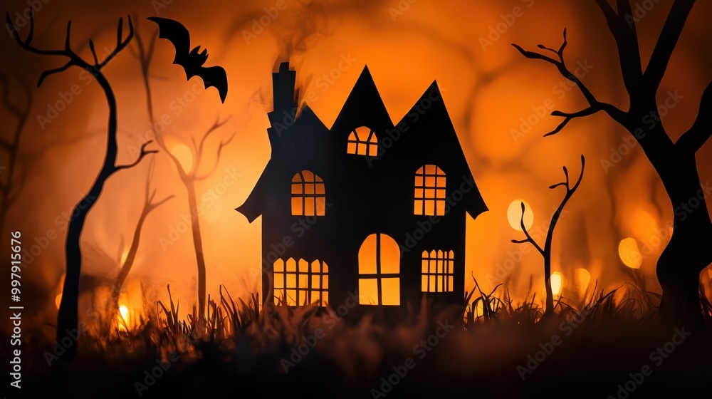 Eerie Haunted House Silhouette with Glowing Halloween Lights on Orange Background Eerie Haunted House Silhouette with Glowing Halloween Lights on Orange Background