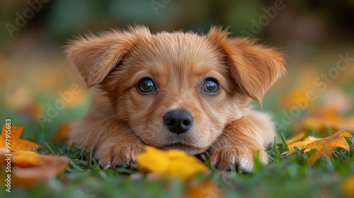 Adorable Puppy Surrounded by Autumn Leaves