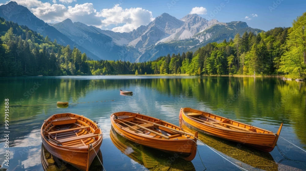 Fototapeta premium Serene Lake Scenery with Misty Mountains and Red Boats