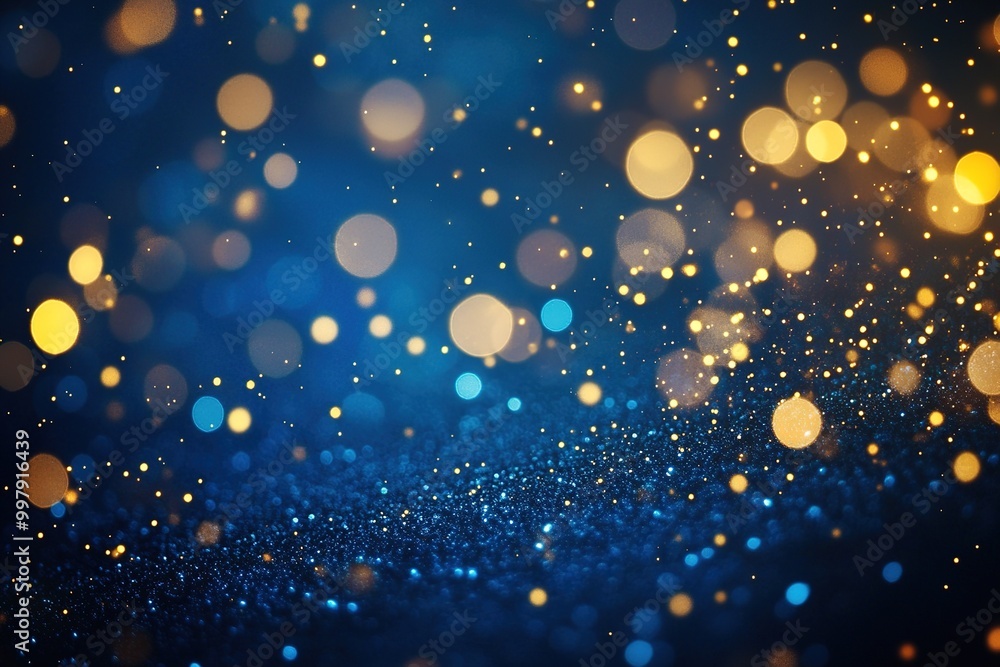 Golden bokeh lights on blue glitter background for festive mood Golden bokeh lights on blue glitter background for festive mood