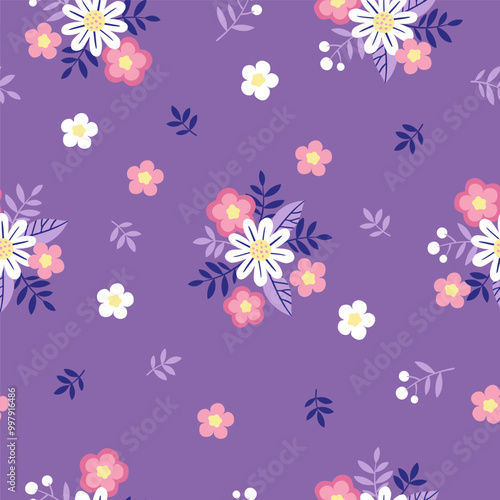 Hand drawn seamless pattern with abstract stylized flowers in pastel colors on a purple background