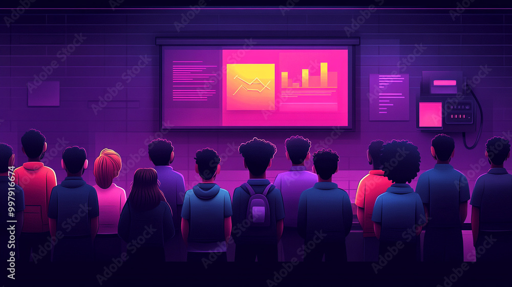 A vibrant digital artwork depicting a diverse audience captivated by a presentation, showcasing data and insights in a modern setting. A vibrant digital artwork depicting a diverse audience captivated by a presentation, showcasing data and insights in a modern setting.