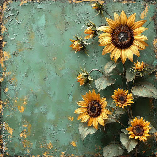 Digital paper, sunflowers on muted moss green background