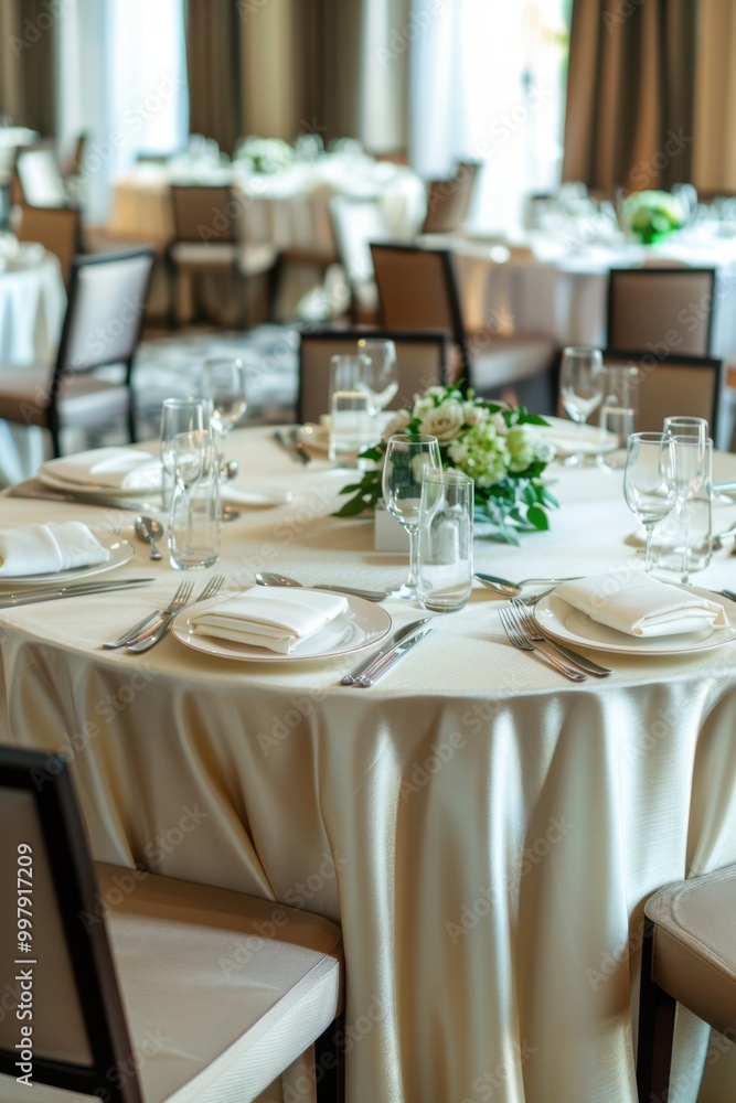 Elegant Dining Setup with Floral Centerpiece in Luxury Restaurant Elegant Dining Setup with Floral Centerpiece in Luxury Restaurant