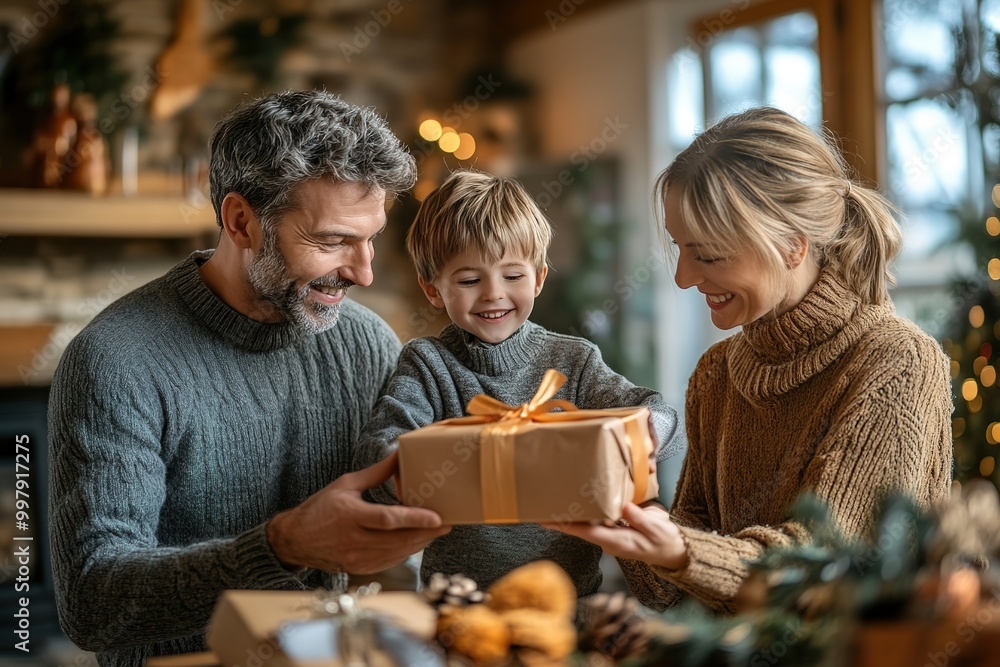Family sharing joy with holiday gift in cozy home Family sharing joy with holiday gift in cozy home