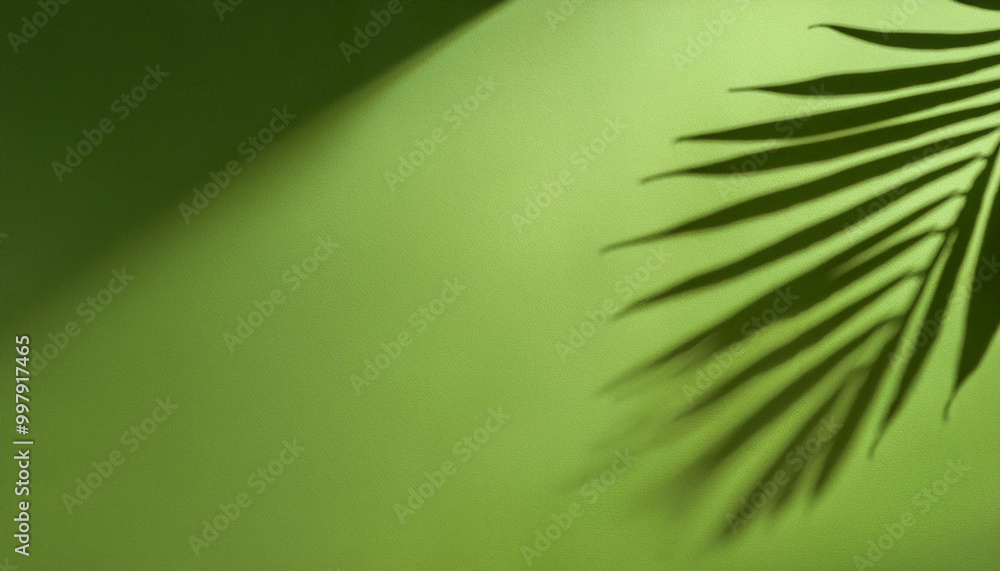 Fototapeta premium Palm leaf shadow on a green wall background. Olive color stylish flat lay with trendy shadow and sun light