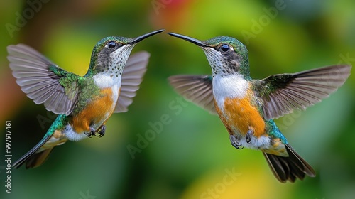 Hovering Hummingbirds Facing Each Other in Vivid Scenery photo