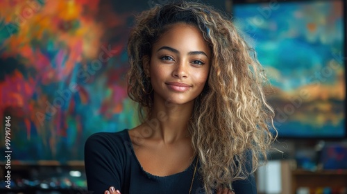 Curly-Haired Female Artist Painting a Colorful Canvas