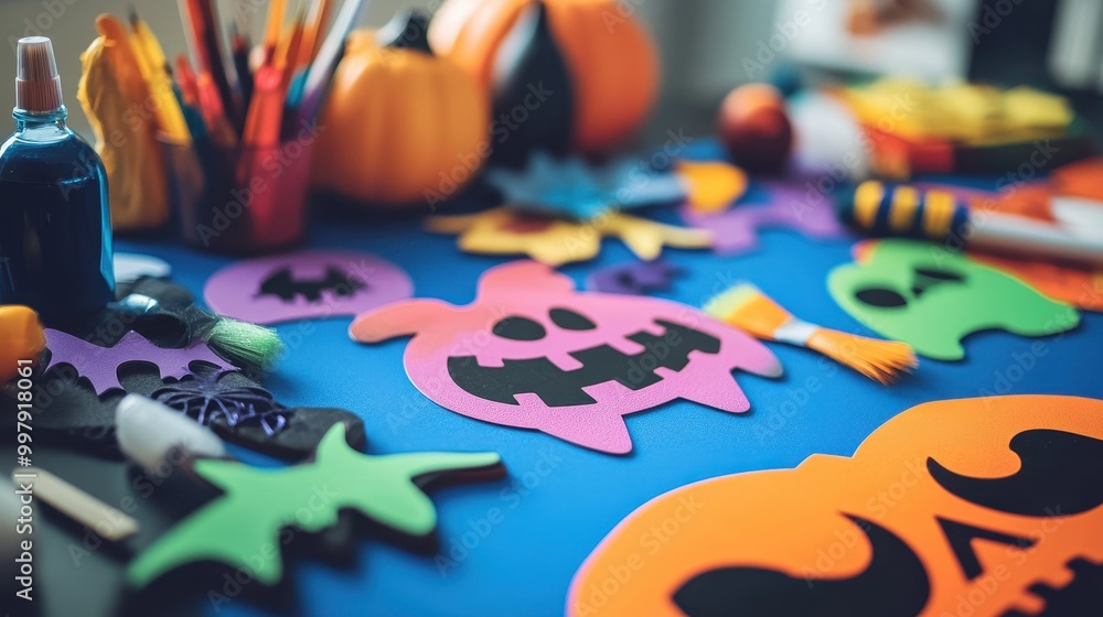 Spooky Halloween Crafting Table with Colorful Foam Cut-Outs, Glitter, Glue, and Paint for DIY Decorations Spooky Halloween Crafting Table with Colorful Foam Cut-Outs, Glitter, Glue, and Paint for DIY Decorations