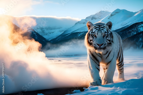 Breathtaking scence of beautiful white tiger beside of steam with snow and mountain landscape photo