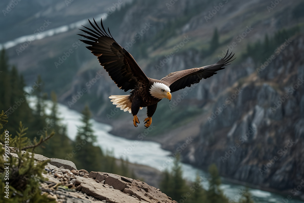 Fototapeta premium high contast image of A eagle holding fish in her claw and rest on tree with breathtaking landscape