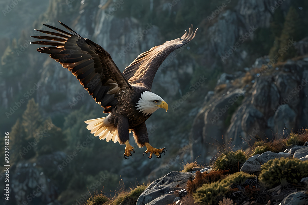 Fototapeta premium high contast image of A eagle holding fish in her claw and rest on tree with breathtaking landscape