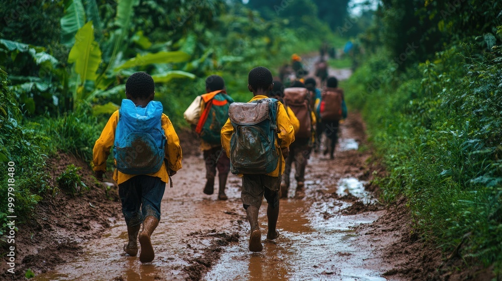 Students walk on muddy path in forest. Perfect for illustrating stories of education and resilience. Students walk on muddy path in forest. Perfect for illustrating stories of education and resilience.