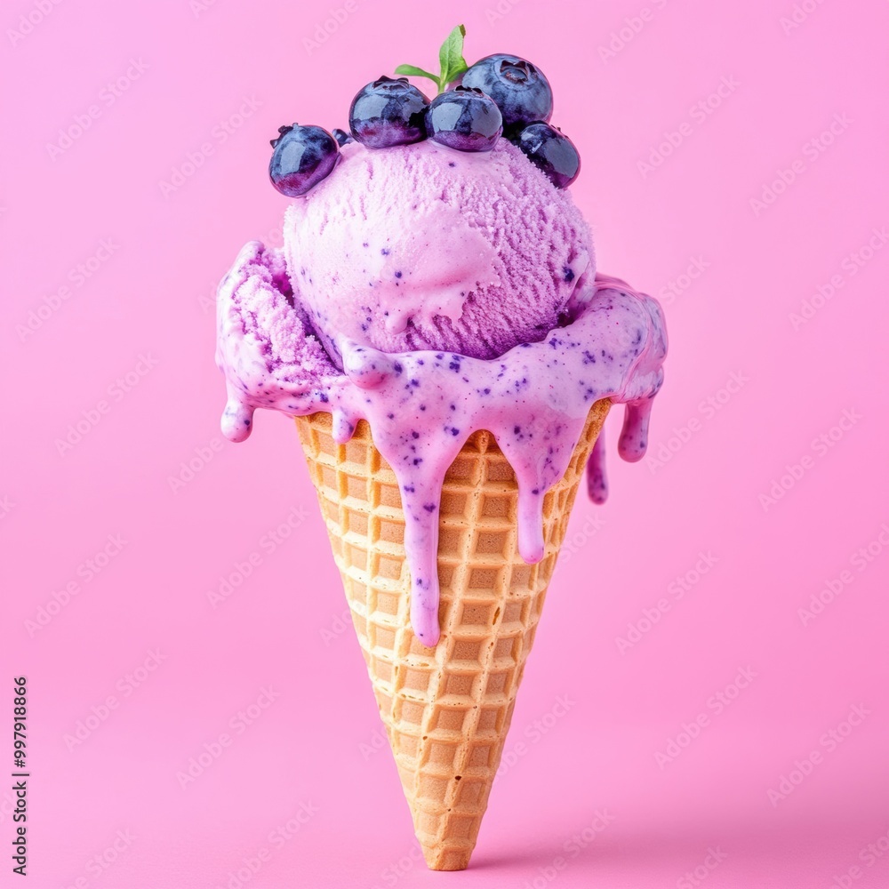 A vibrant purple ice cream cone topped with blueberries, set against a bright pink background, exuding a fun and indulgent summer vibe. A vibrant purple ice cream cone topped with blueberries, set against a bright pink background, exuding a fun and indulgent summer vibe.