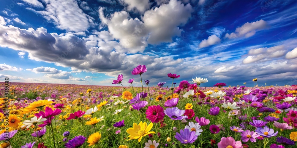 Obraz premium Field of colorful flowers under blue sky with white clouds
