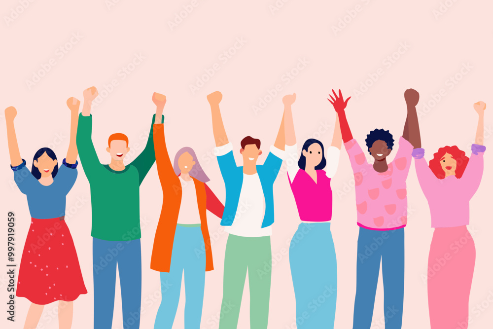 Obraz premium Celebratory Group of Diverse Friends Raising Hands in Joy