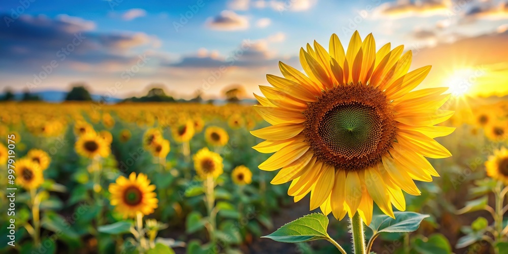 Obraz premium Field of colorful flowers with sunflower in foreground