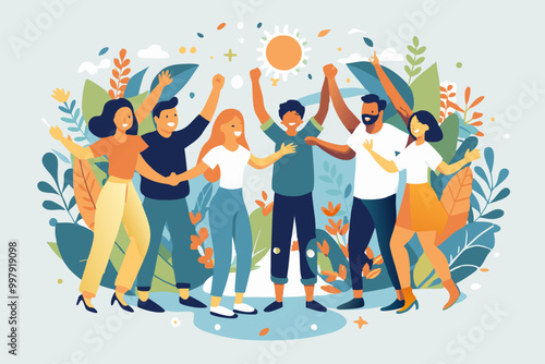 Joyful Diverse Friends Celebrating Outdoors in Nature Illustration