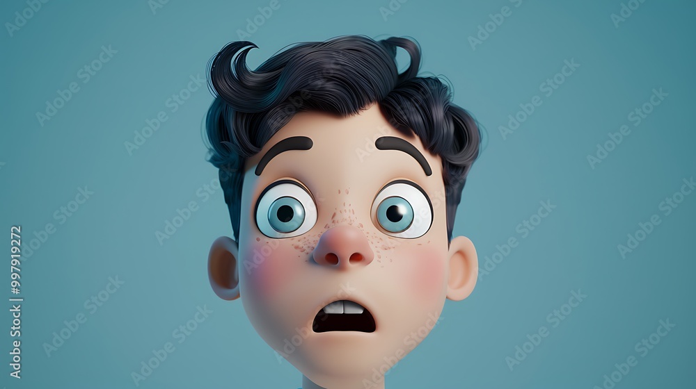 3D Cartoon Illustration of a Boy with Blue Eyes and a Surprised Expression 3D Cartoon Illustration of a Boy with Blue Eyes and a Surprised Expression