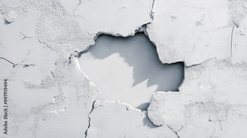Damaged rough crack and broken concrete wall on white, concept of escape, freedom. background is damaged. Broken hole, white wall, background texture, crack Damaged rough crack and broken concrete wall on white, concept of escape, freedom. background is damaged. Broken hole, white wall, background texture, crack