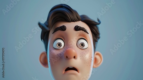 3D Illustration of a Shocked Cartoon Boy with Brown Hair and Freckles