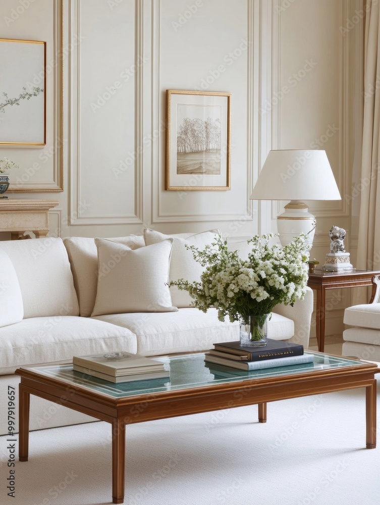 Fototapeta premium A cozy living room setup featuring a light sofa, a coffee table with books, a floral arrangement, and soft lighting, creating an inviting atmosphere.
